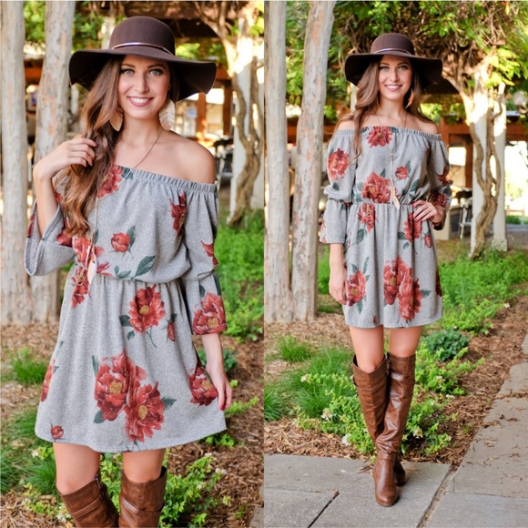 ❤️LAST ONE! Soft Gray Floral Off Shoulder dress - Picture 3 of 4
